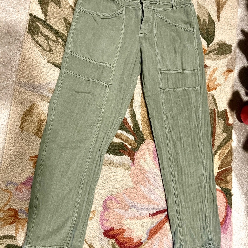 Free People M/M Light Wash Green Pants Elastic Back Button Fly 28” inseam SOFT